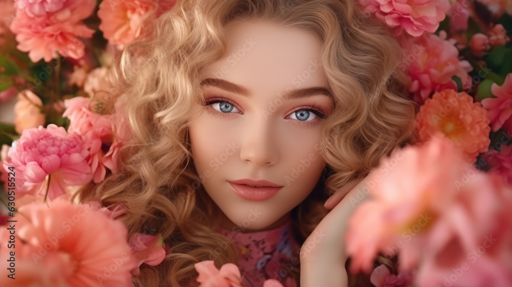 Face of playful and cheerful young woman among the flowers. Generative AI