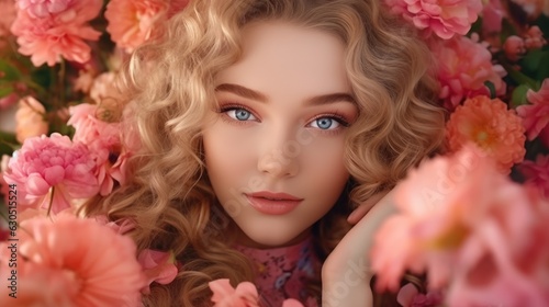 Face of playful and cheerful young woman among the flowers. Generative AI