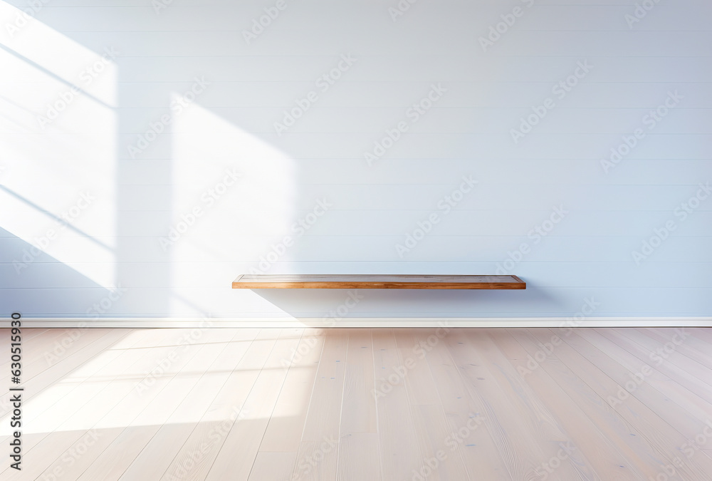Fototapeta premium Lovely wooden rack in front of an empty wall with lovely sunlight and window frame silhouette.. Ai generation