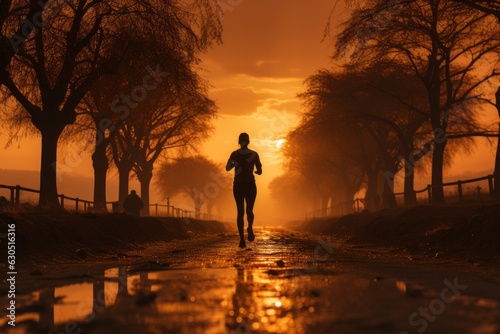 A silhouette of a jogger running at sunrise, illustrating the dedication and discipline of early morning workouts. Generative Ai