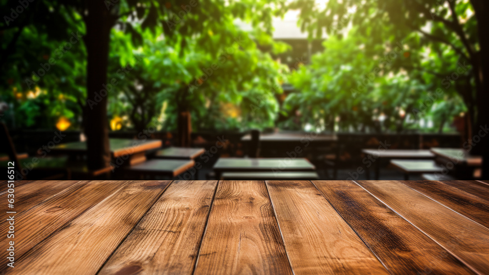A delightful wooden table adorned by the presence of trees and shimmering sunlit reflections, creating a magical atmosphere.. Ai generation