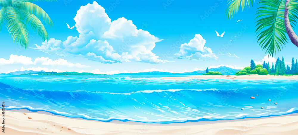 Beautiful sunny beach with blue water. illustration style. Ai generation