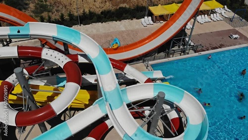 Drone view of the colorful slides in the Aquapark