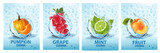 Set of labels with fruit and vegetables drink. Fresh fruits juice splashing together- apricot, grape, mint, limem pumpkin in water drink splashing. Vector illustration.