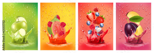 Fresh fruits juice splashing together- pear, apple, plum, apricot, strawberry, blackberry, raspberry juice drink splashing. 3d fresh fruits. Vector illustration