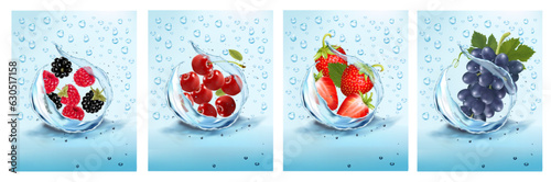 A set of labels with fruit and berry drinks. Fresh fruits and berries in water splashes and drops - strawberries, raspberries, blackberries, cherries and grapes. Vector illustration.