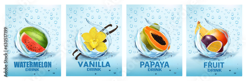 Set of labels with fruit and vegetables drink. Fresh fruits water splashing together- watermelon, vanilla, papaya, mango, banana in water drink splashing. Vector illustration.