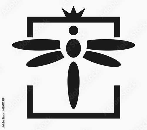 black outline dragonfly logo in frame