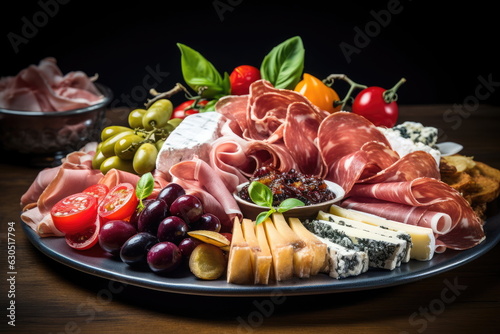 Antipasto platter with ham, prosciutto, salami, blue cheese, mozzarella with pesto and olives on a wood table background