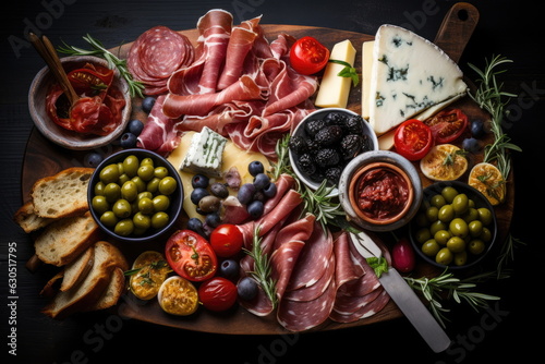 Antipasto platter with ham, prosciutto, salami, blue cheese, mozzarella with pesto and olives on a wood table background