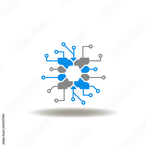 Vector illustration of processor CPU. Icon of computer digital technology. Symbol of circuit board, microchip. Sign of semiconductor.