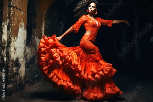 An attractive flamenco dancer in an elaborate dress.