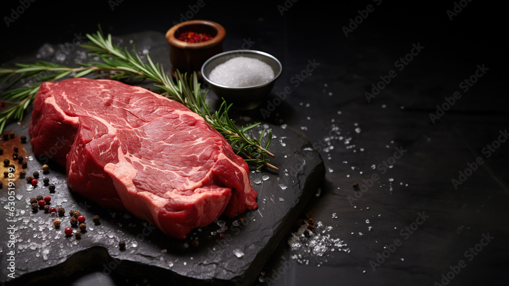 Raw beef steak on a black stone background with copyspace for text.