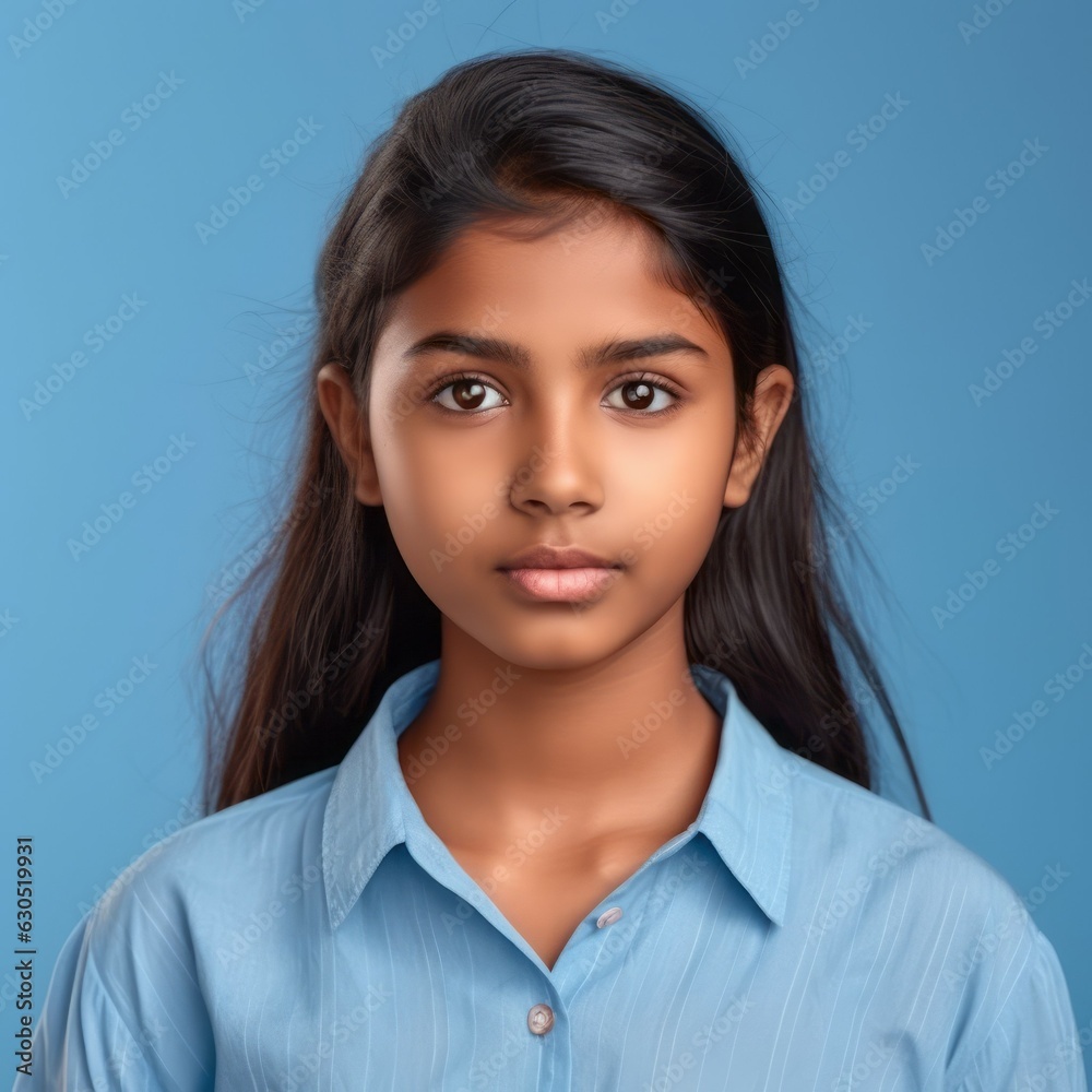 Portrait of a serious Indian teenager girl with straight black hair. Closeup face of an unhappy young adult Indonesian girl on a blue background. Unsmiling kid in a blue shirt looking at the camera. Portrait of a serious Indian teenager girl with straight black hair. Closeup face of an unhappy young adult Indonesian girl on a blue background. Unsmiling kid in a blue shirt looking at the camera.