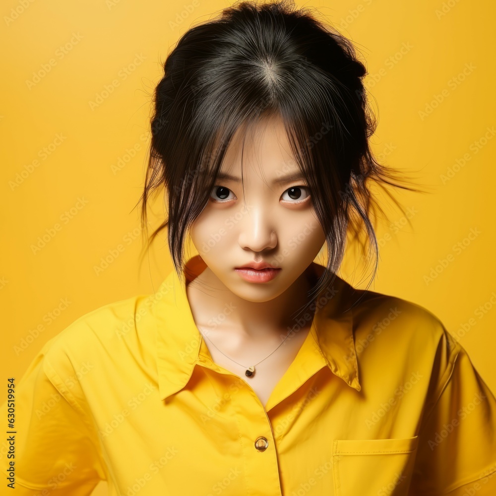 Portrait of a serious Asian teenage girl with straight black hair. Closeup face of an unhappy Chinese young adult on yellow background. Unsmiling Japanese teenager in a yellow shirt looking at camera. Portrait of a serious Asian teenage girl with straight black hair. Closeup face of an unhappy Chinese young adult on yellow background. Unsmiling Japanese teenager in a yellow shirt looking at camera.
