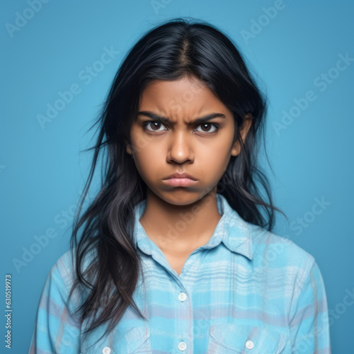 Portrait of an angry Indian teenage girl with straight black hair. Closeup face of a furious Indonesian young adult girl on a blue background. Pakistani teenager kid in a blue shirt looking at camera.