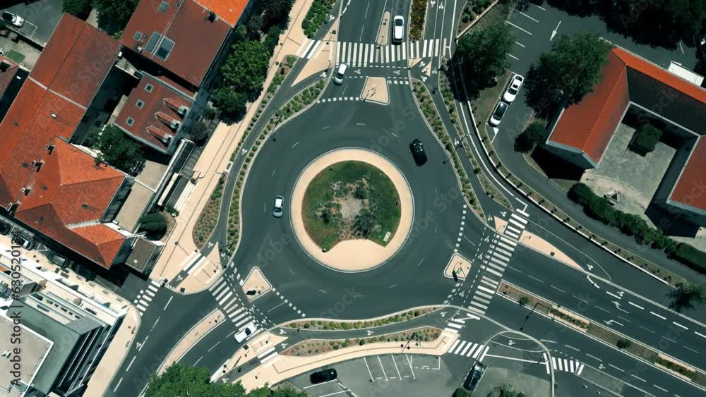 Aerial top down view of a three road roundabout traffic on Montelimar, France