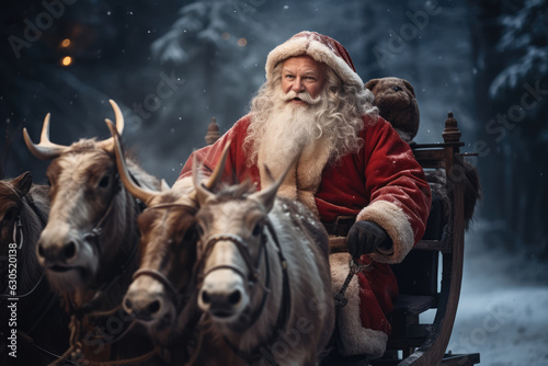 Santa Claus inside the sleigh guiding his enchanted reindeer on playful and nostalgic Christmas day.
