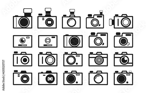 Set Camera and External Flash with Rig icons on a White Background Suitable for Presentation and Business