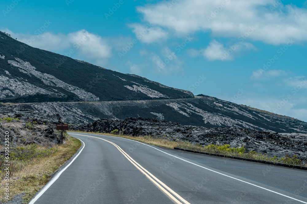 Alanui Kahiko. Chain of Craters Road, Hawaii Volcanoes National Park. Pahoehoe and A'a Lava. volcanic rock