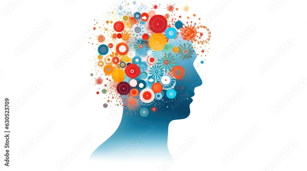 Illustration of abstract profile of a human head and consciousness with physical and chemical structures in the head, Person creative mind, Psychic waves concept, Generative AI illustration Illustration of abstract profile of a human head and consciousness with physical and chemical structures in the head, Person creative mind, Psychic waves concept, Generative AI illustration