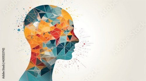 Illustration of abstract profile of a human head and consciousness with physical and chemical structures in the head, Person creative mind, Psychic waves concept, Generative AI illustration photo