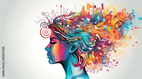 Illustration of abstract profile of a human head and consciousness with physical and chemical structures in the head, Person creative mind, Psychic waves concept, Generative AI illustration