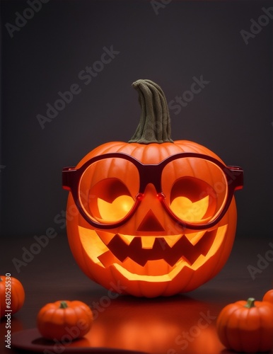 Typical hallowen pumpkin with internal flashlight, smiling mouth, wearing glasses