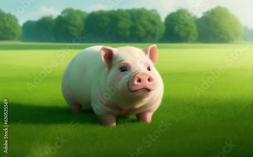 A cute fat pig on green field, Generative AI Illustration