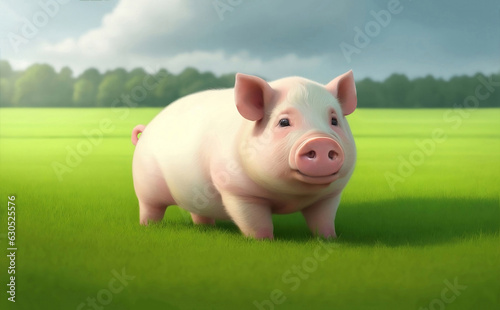 A cute fat pig on green field, Generative AI Illustration