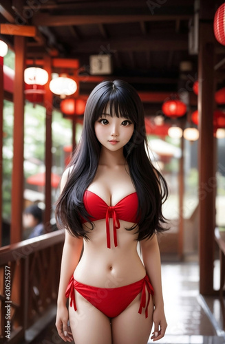 A cute Japanese girl with red bikini, Generative AI Illustration