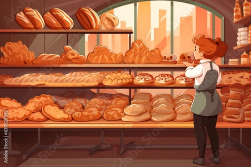 Generative AI : Bakery shop: Showcases with bread, buns and cakes. Baker. Cartoon style. Vector illustration.