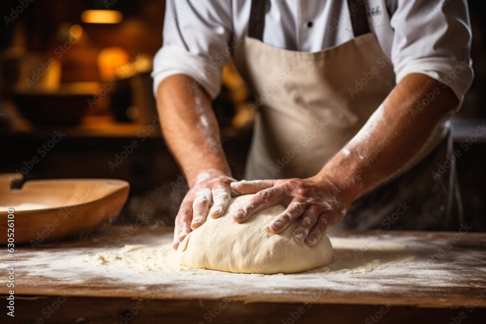 Generative AI : Making dough by male hands at bakery