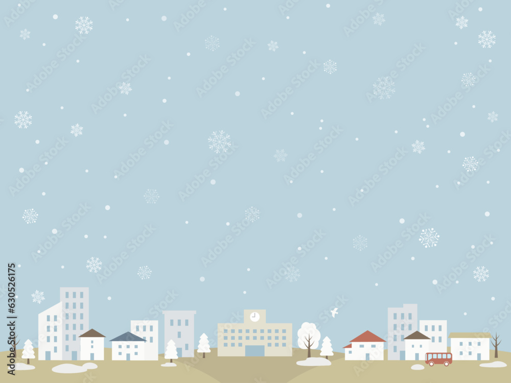 冬の街並みと雪の結晶の背景_ベクターイラスト