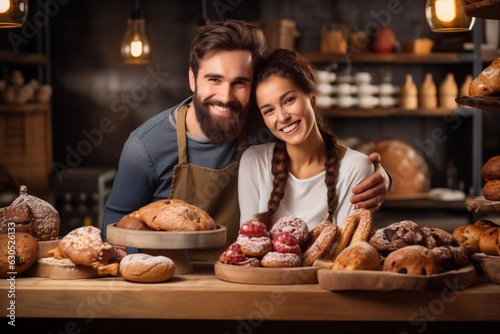 Generative AI   Playful cheerful biracial young couple kneading dough together on kitchen counter