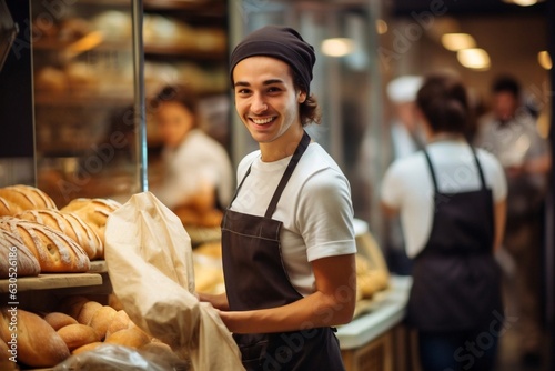 Generative AI : Young man buying bread in supermarket bakery. Focus is on female baker.