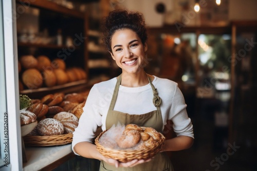 Generative AI : Young woman wearing apron assistant at friendly bakery shop small business crossed arms posing to camera smiling cheerful