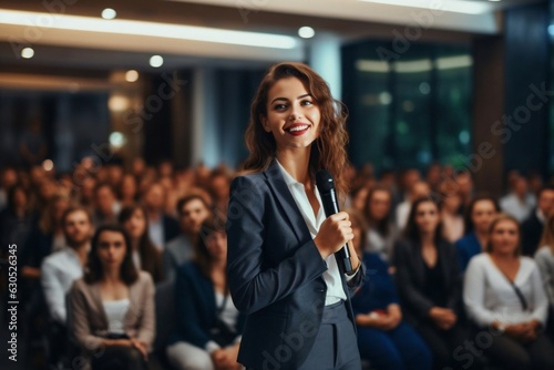 Generative AI : Confident businesswoman delivering a corporate presentation at a seminar or conference. The image showcases her expertise and leadership skills in a professional setting