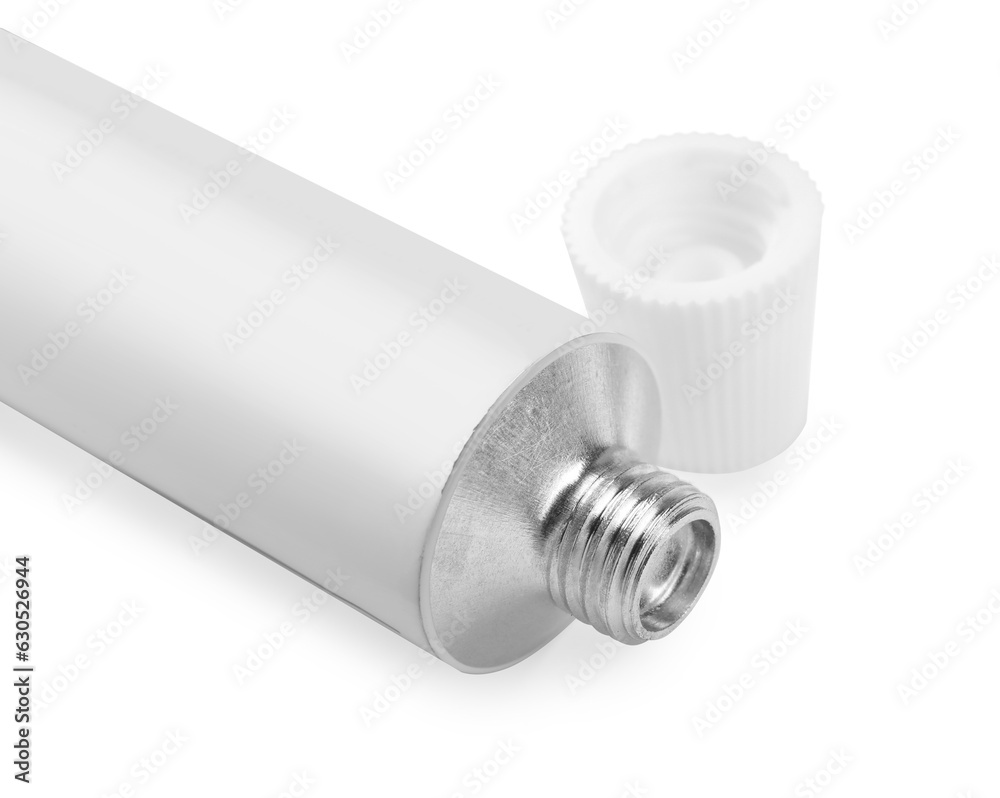 Open tube of ointment isolated on white, closeup. Space for text Open tube of ointment isolated on white, closeup. Space for text