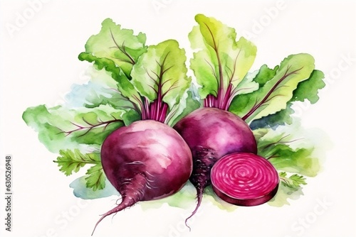Generative AI : Hand drawn watercolor illustration of red beet with green leaves isolated on the white background in vector.