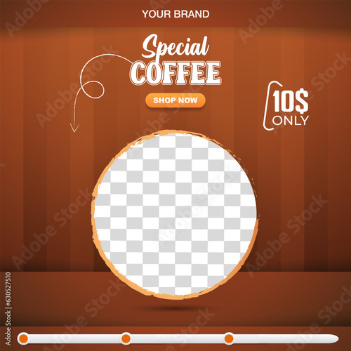 special coffee sale square banner for social media post with copy space frame for product sale with abstract gradient brown background design