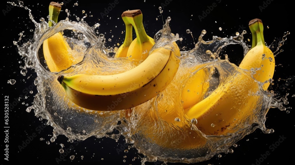 fresh banana hit by splashes of water with black blur background