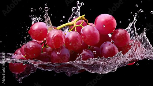 flying fresh grapes exposed to splashing water on black background and blur