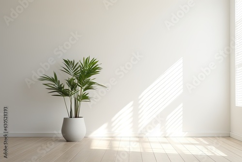 Sunlight falling into an empty room with a mock up wall and minimalist decoration. photo