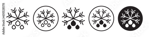 Defrosting symbol Icon. Frozen water drop ice cooling water crystal vector  set collection in black and white. Snow flake frost winter refrigerator  sign. Flat wet snowfall in cool weather season