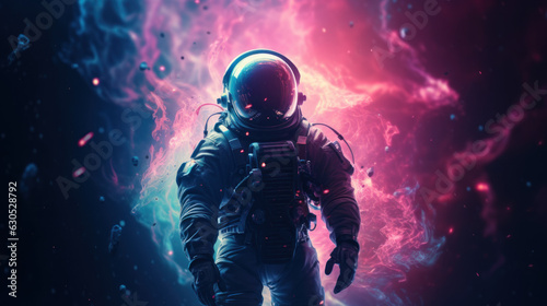 A futuristic astronaut walks from glowing cosmic dust.