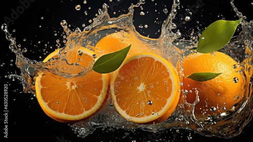 flying fresh orange splashed with water on black background and blur