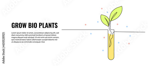 Vector illustration of a chemical glass tubes with leaf. Modern flat in continuous line style.