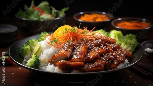 white rice with teriyaki beef and cut vegetables on a plate with black and blurry background