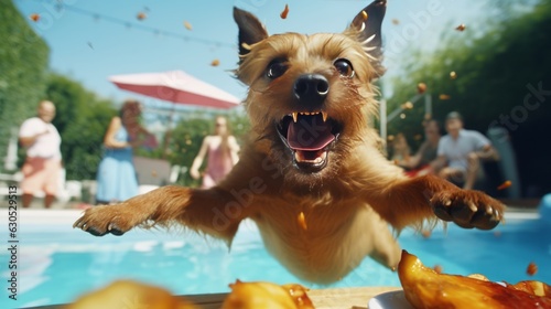 Puppy jumping on food at pool party